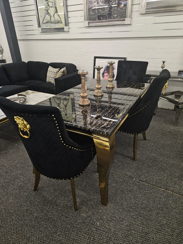 LOUIS 1.5M BLACK & GOLD DINING TABLE + 4 x MAJESTIC BLACK & GOLD DINING CHAIRS