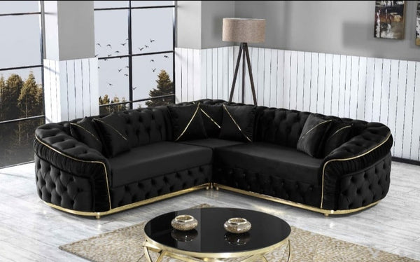 Ambassador Corner Sofa In Black & Gold Plush Velvet - 270cm x 270cm