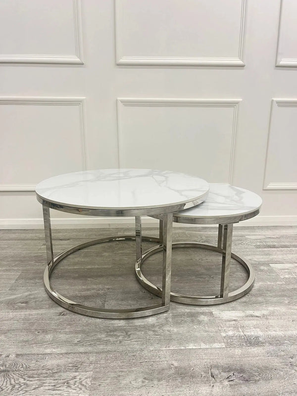 Cato Nest Of Coffee Table White Sintrid Stone & Chrome Frame