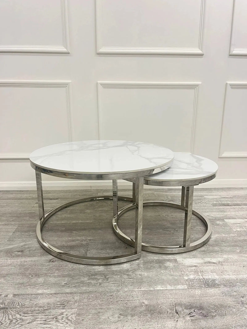 Cato Nest Of Coffee Table White Sintrid Stone & Chrome Frame