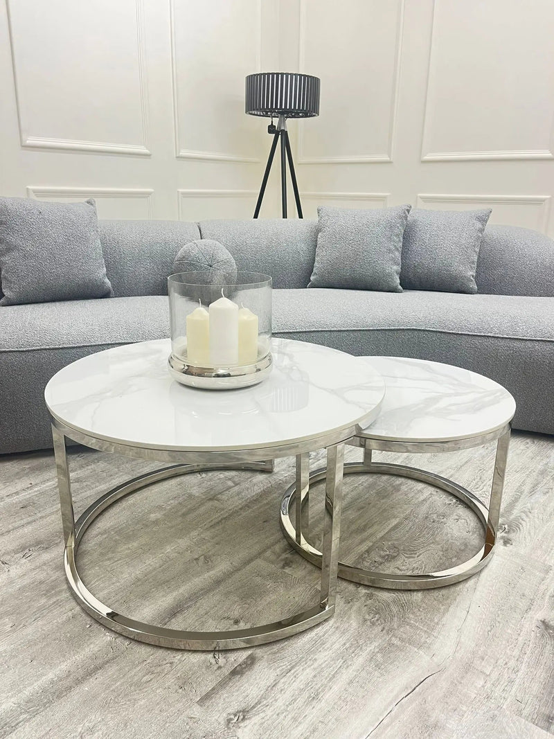 Cato Nest Of Coffee Table White Sintrid Stone & Chrome Frame