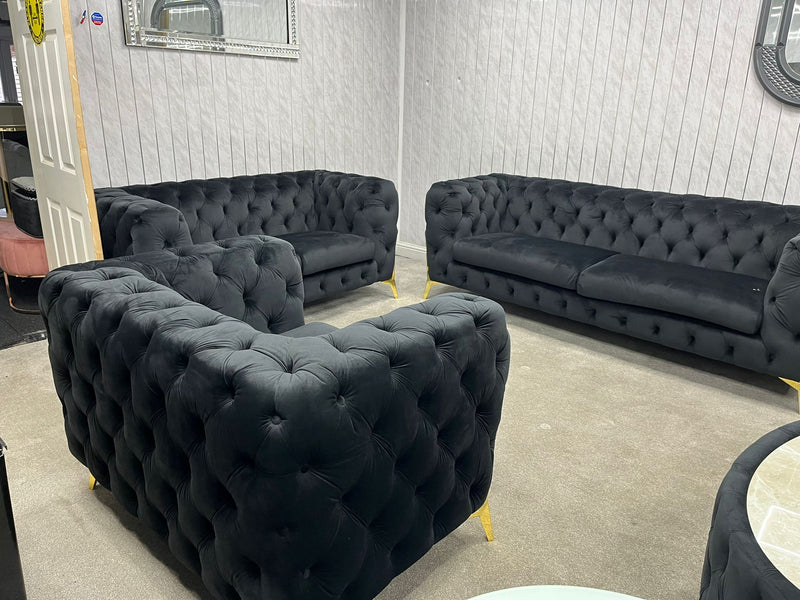 Hermes 3+2 Chesterfield Plush Velvet Sofa Black & Gold