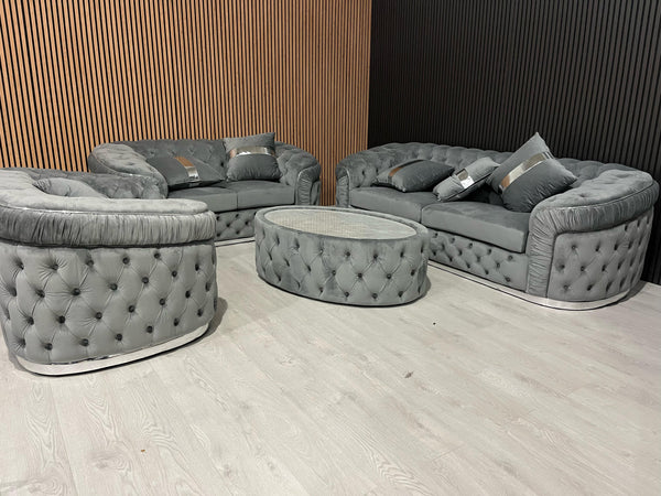 Ambassador 2 Seater 1 seater and footstool set  In Grey Chrome Plush Velvet