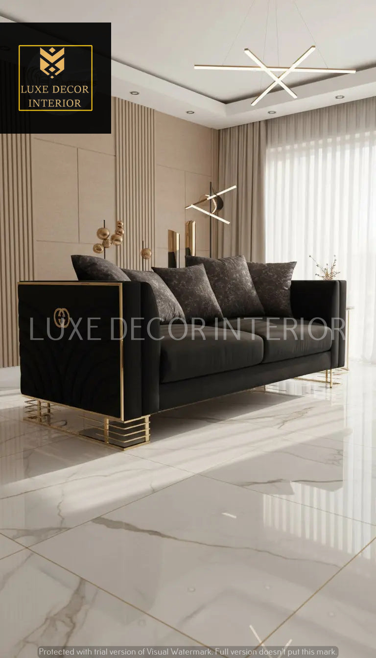 Bahrain 3+2 Seater Sofa Set – Black Velvet with Gold Metal Legs