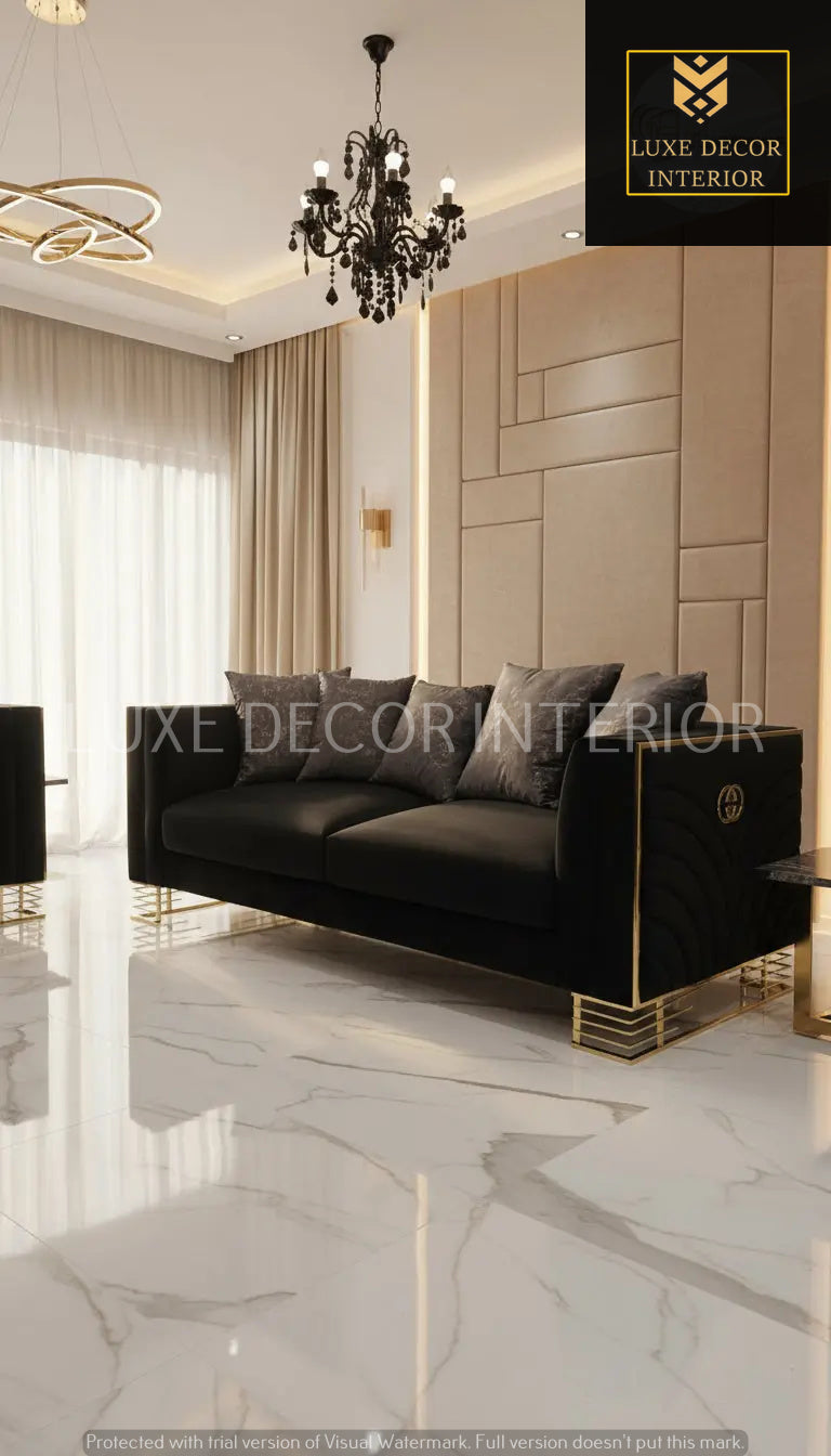 Bahrain 3+2 Seater Sofa Set – Black Velvet with Gold Metal Legs