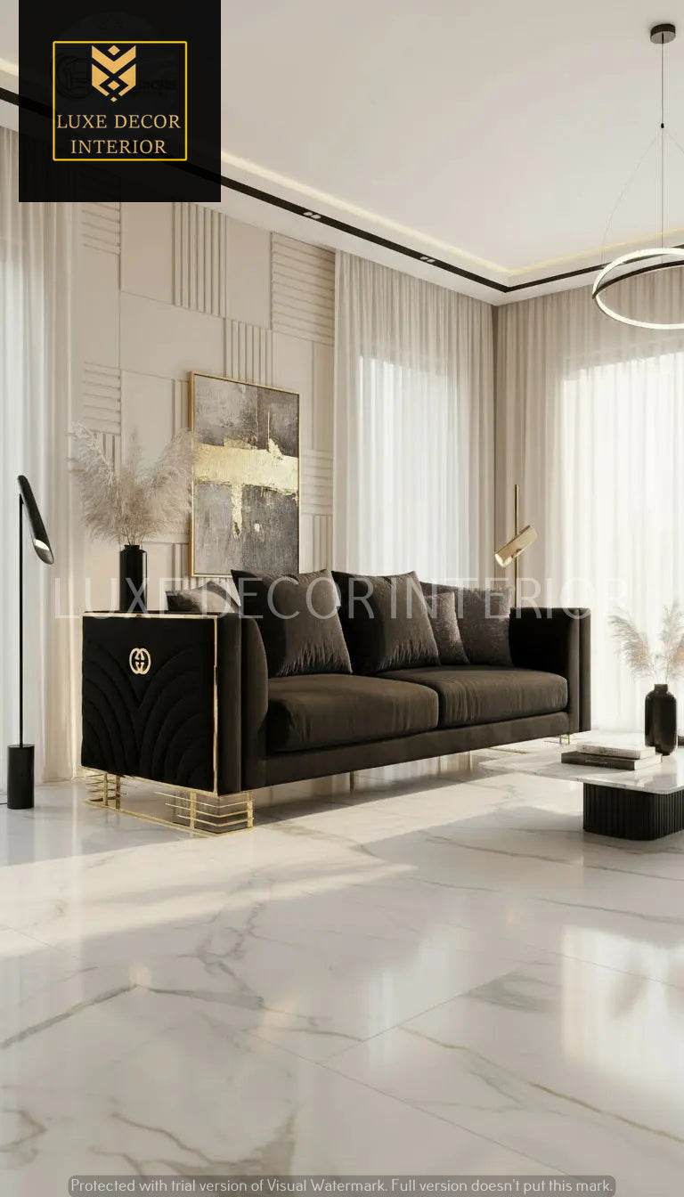 Bahrain 3+2 Seater Sofa Set – Black Velvet with Gold Metal Legs