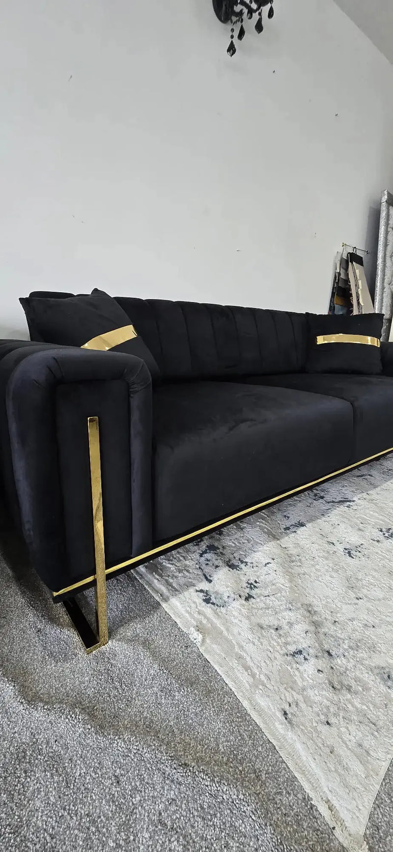 Genova 3+2 Seater Sofa Range – Black Velvet with Gold Legs | Modern Luxury Sofa CELEBRITY INTERIORS