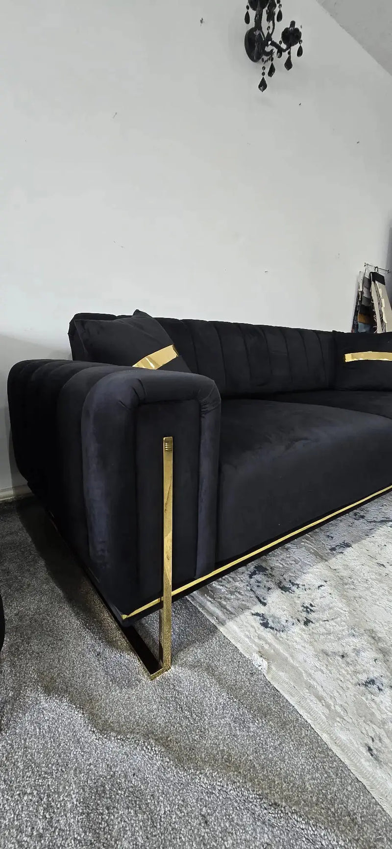 Genova 3+2 Seater Sofa Range – Black Velvet with Gold Legs | Modern Luxury Sofa CELEBRITY INTERIORS