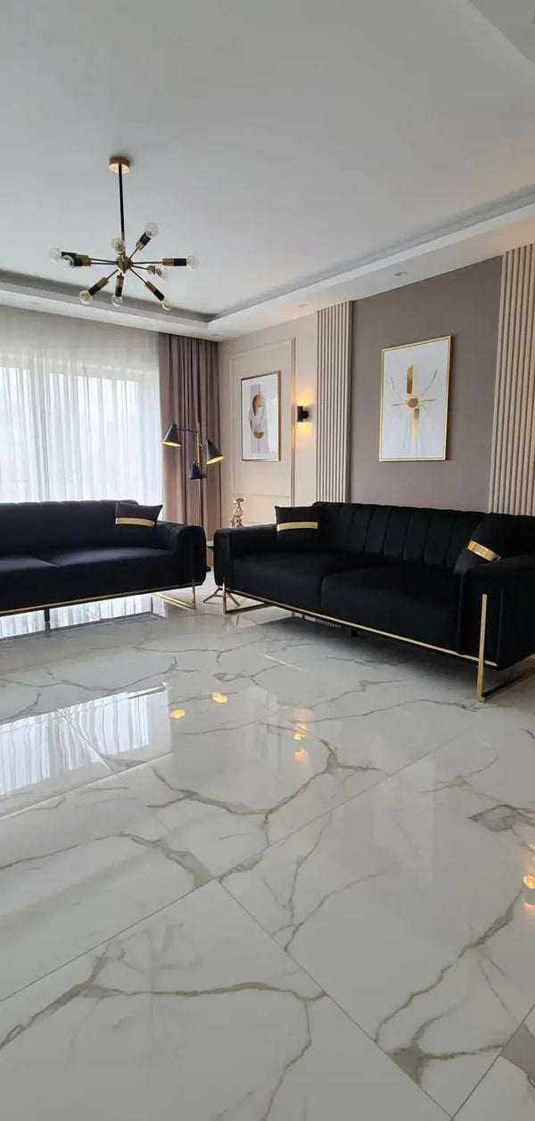 Genova 3+2 Seater Sofa Range – Black Velvet with Gold Legs | Modern Luxury Sofa CELEBRITY INTERIORS