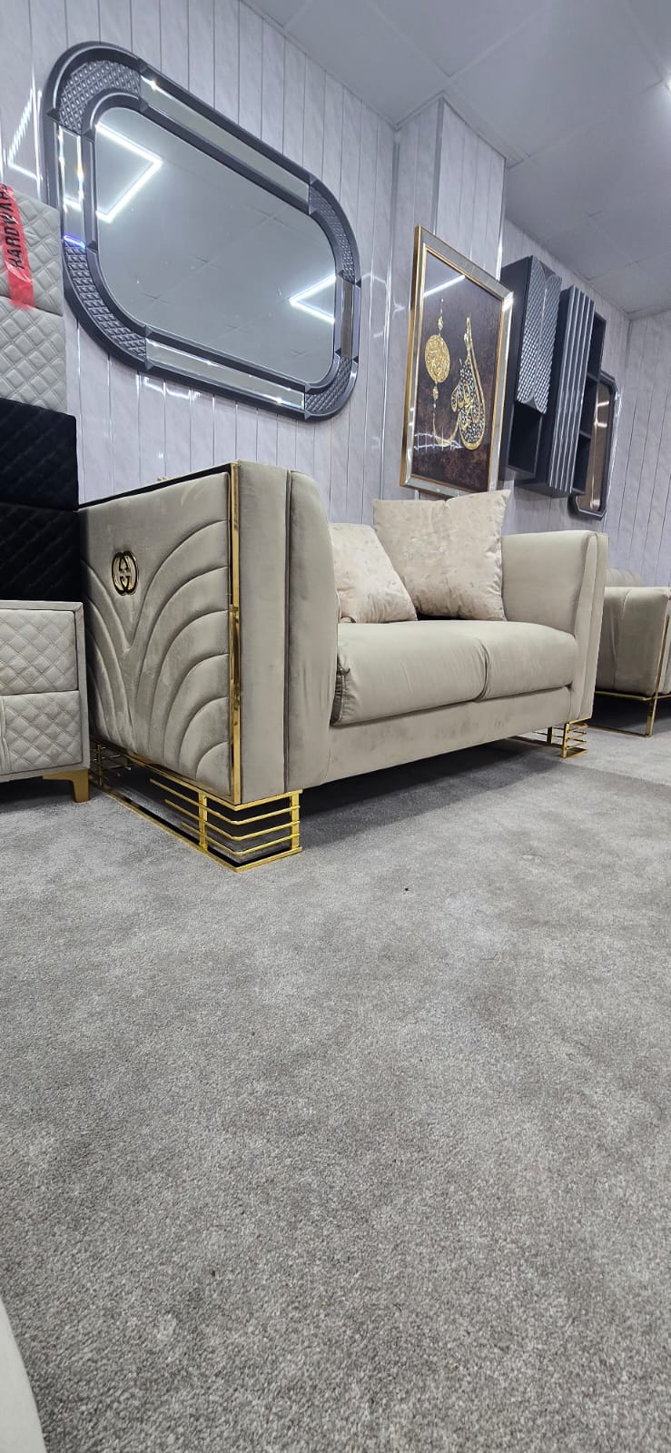 Bahrain 3 and 2 seater sofa set beige velvet and Gold accent contemporary modern living