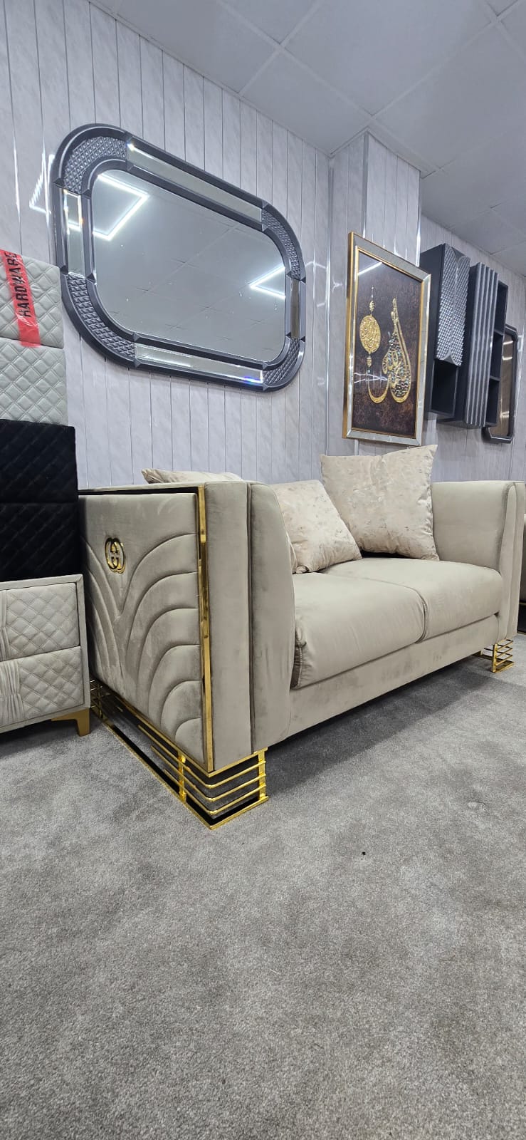 Bahrain 3 and 2 seater sofa set beige velvet and Gold accent contemporary modern living