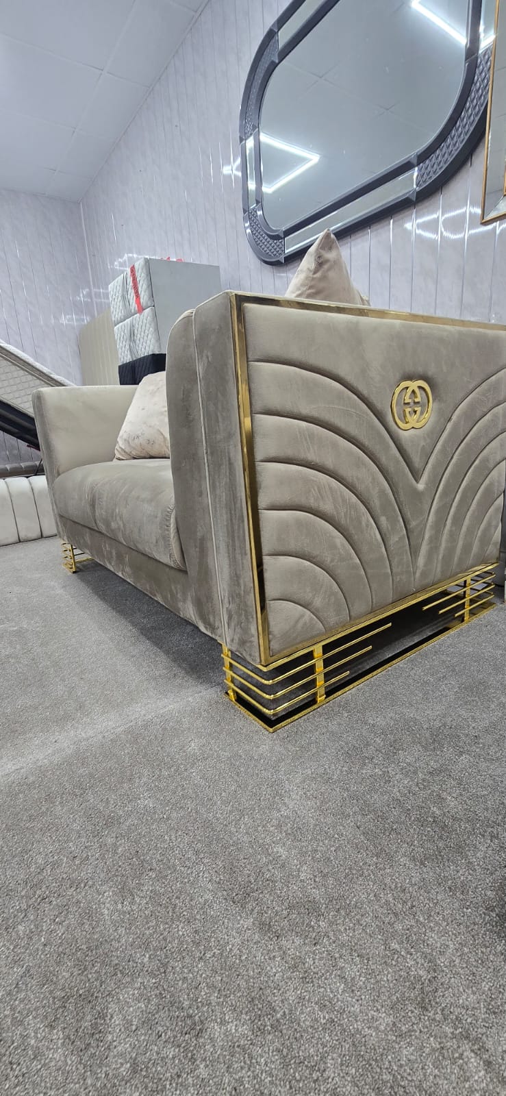 Bahrain 3 and 2 seater sofa set beige velvet and Gold accent contemporary modern living
