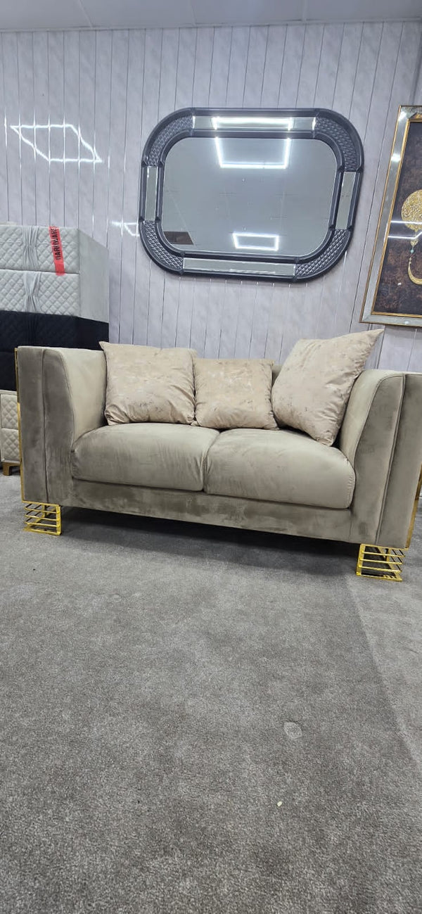 Bahrain 3 and 2 seater sofa set beige velvet and Gold accent contemporary modern living