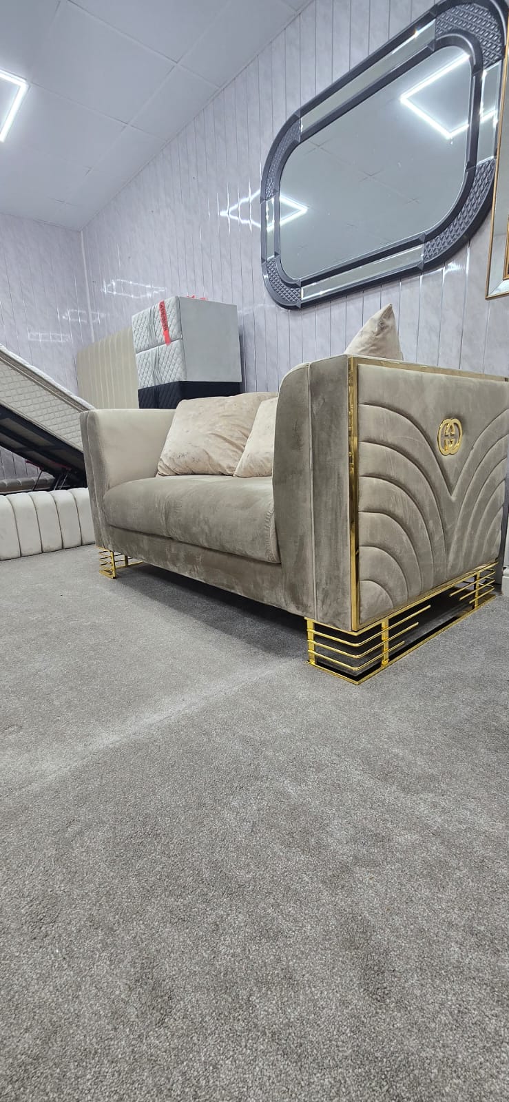 Bahrain 3 and 2 seater sofa set beige velvet and Gold accent contemporary modern living