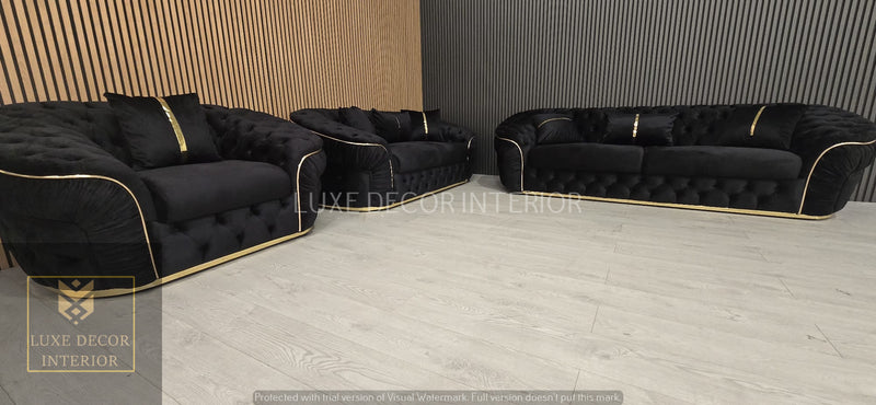 Ambassador 3+2+1 Seater In Black Velvet Gold Accent Plush Velvet