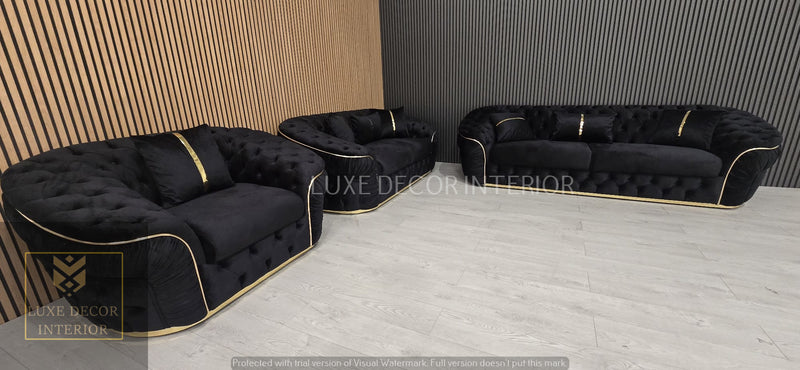 Ambassador 3+2+1 Seater In Black Velvet Gold Accent Plush Velvet