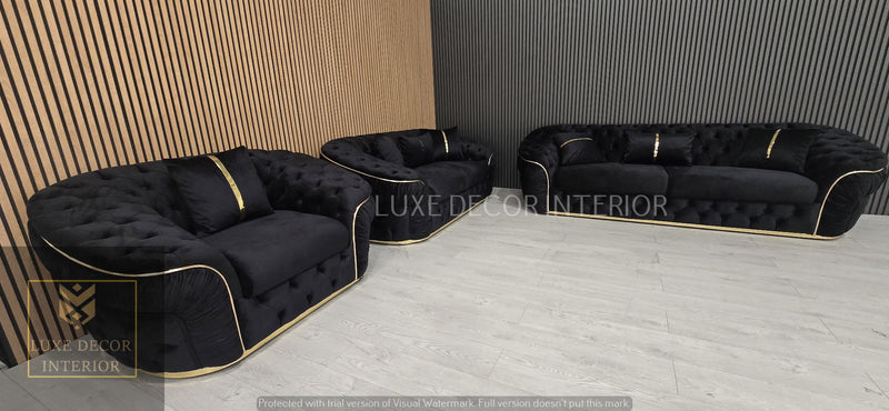 Ambassador 3+2+1 Seater In Black Velvet Gold Accent Plush Velvet
