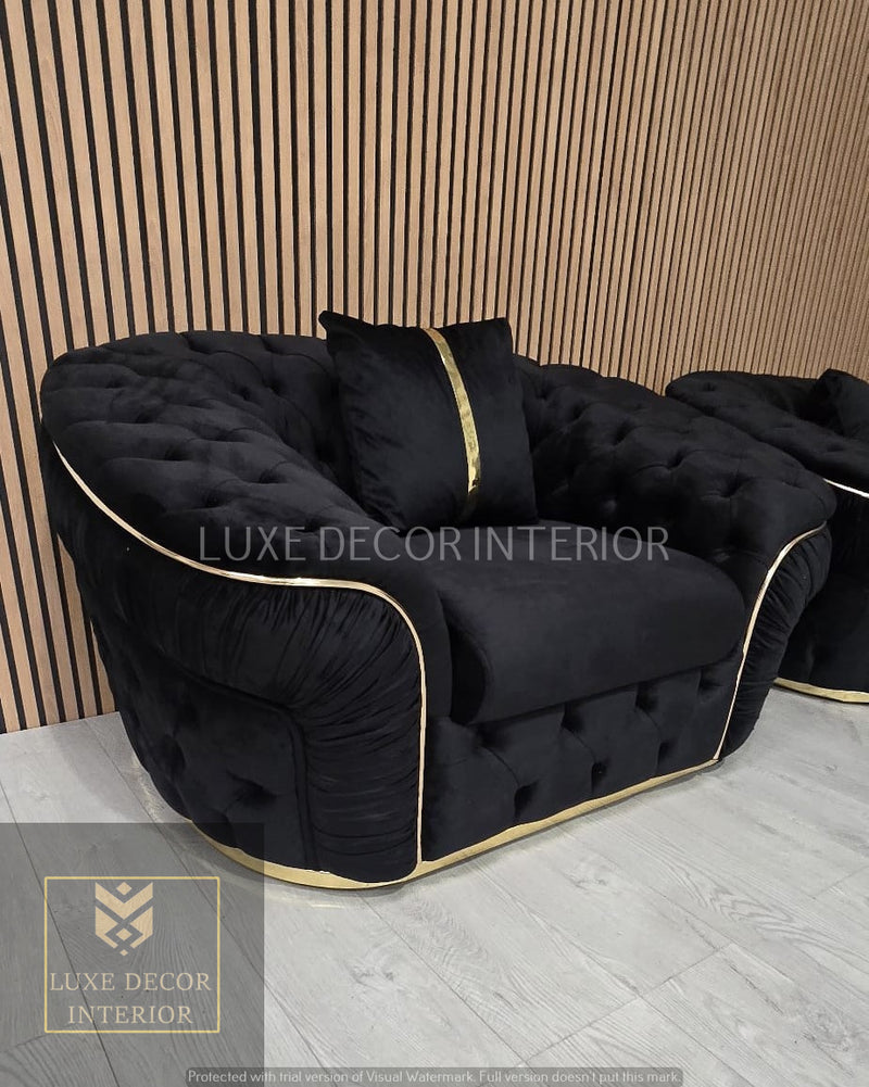 Ambassador 3+2+1 Seater In Black Velvet Gold Accent Plush Velvet