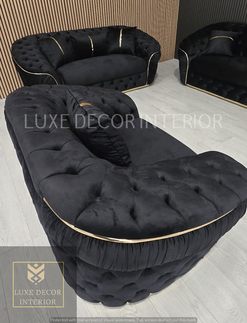 Ambassador 3+2+1 Seater In Black Velvet Gold Accent Plush Velvet
