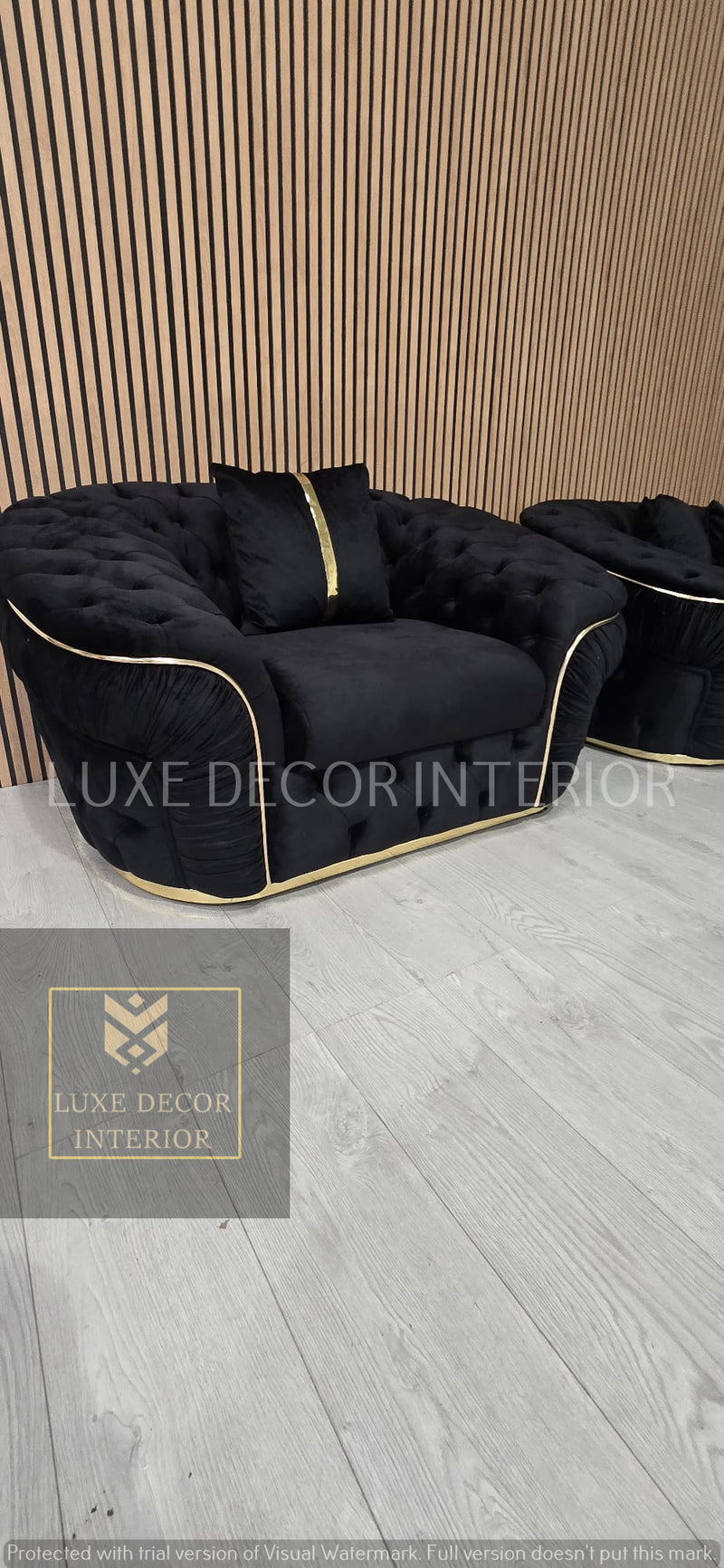 Ambassador 3+2+1 Seater In Black Velvet Gold Accent Plush Velvet