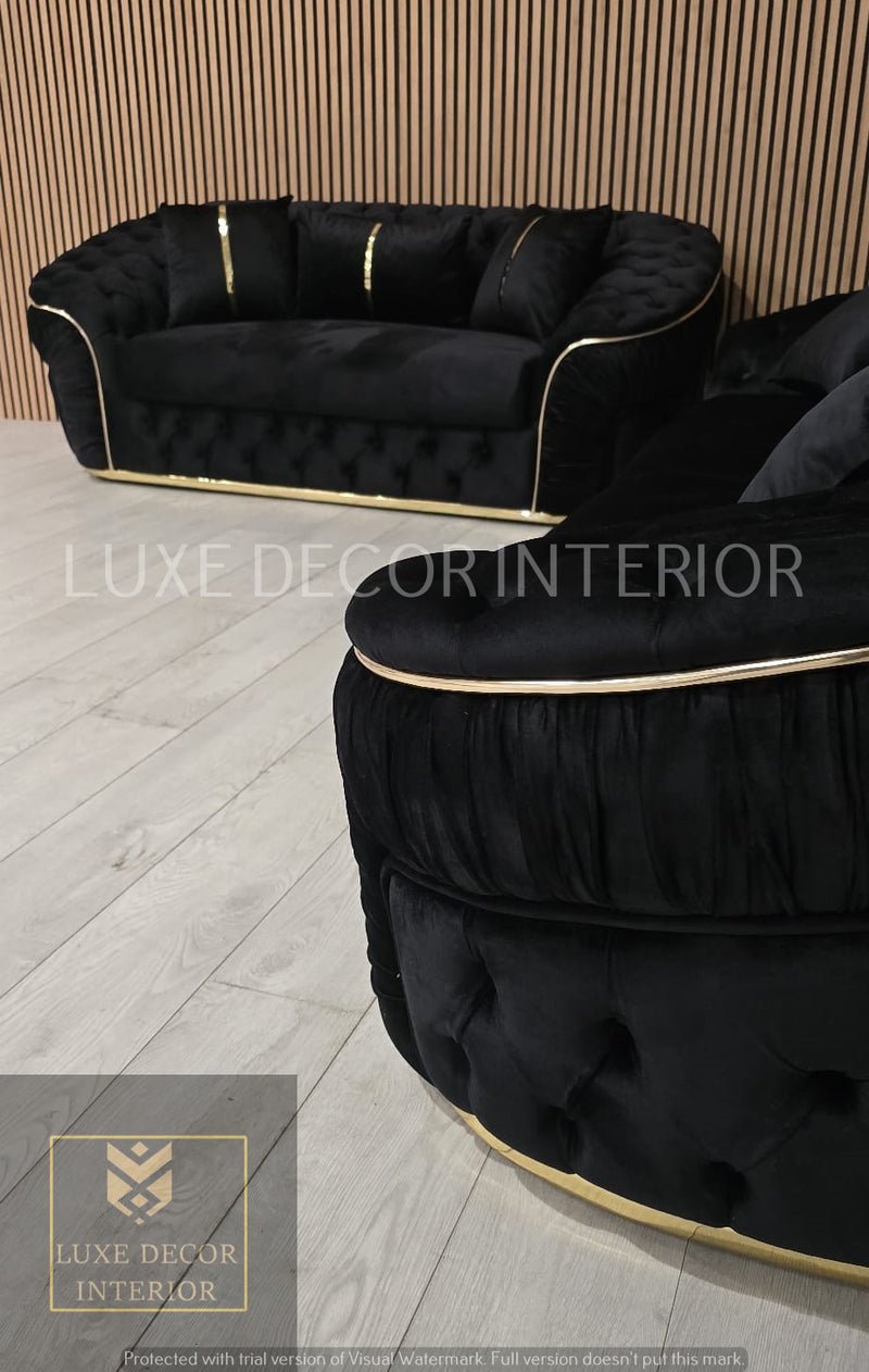 Ambassador 3+2+1 Seater In Black Velvet Gold Accent Plush Velvet