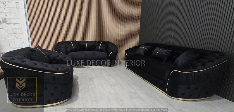 Ambassador 3+2+1 Seater In Black Velvet Gold Accent Plush Velvet