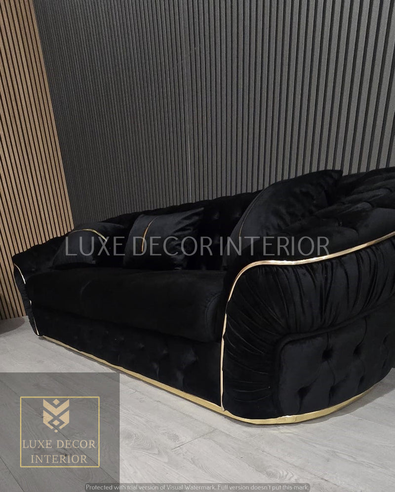 Ambassador 3+2+1 Seater In Black Velvet Gold Accent Plush Velvet
