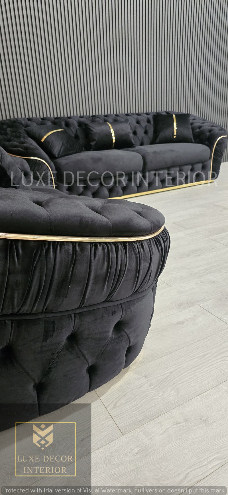 Ambassador 3+2+1 Seater In Black Velvet Gold Accent Plush Velvet