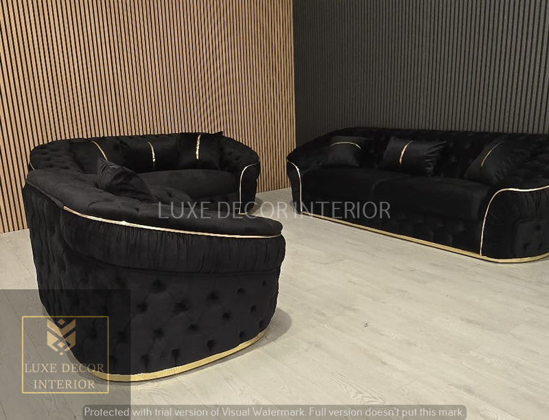 Ambassador 3+2+1 Seater In Black Velvet Gold Accent Plush Velvet