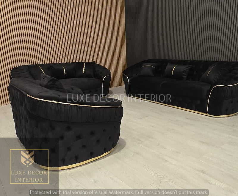 Ambassador 3+2+1 Seater In Black Velvet Gold Accent Plush Velvet