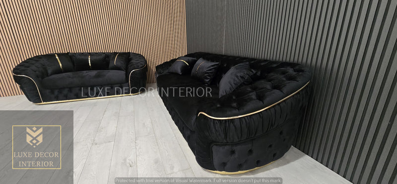 Ambassador 3+2+1 Seater In Black Velvet Gold Accent Plush Velvet