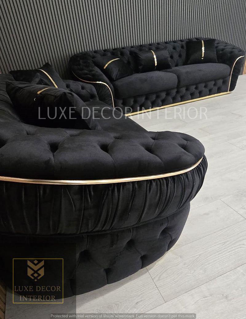 Ambassador 3+2+1 Seater In Black Velvet Gold Accent Plush Velvet