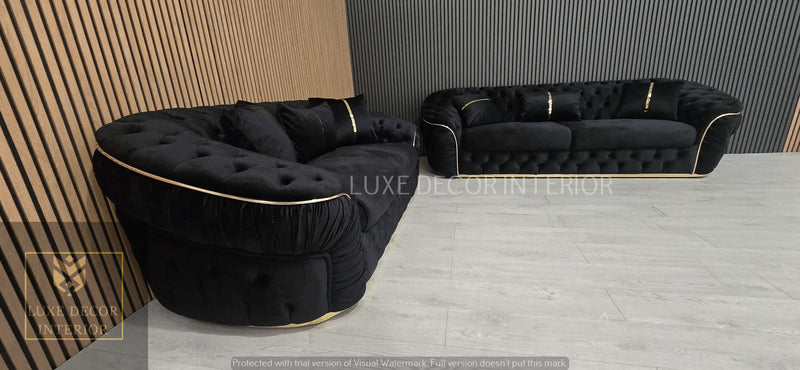 Ambassador 3+2+1 Seater In Black Velvet Gold Accent Plush Velvet