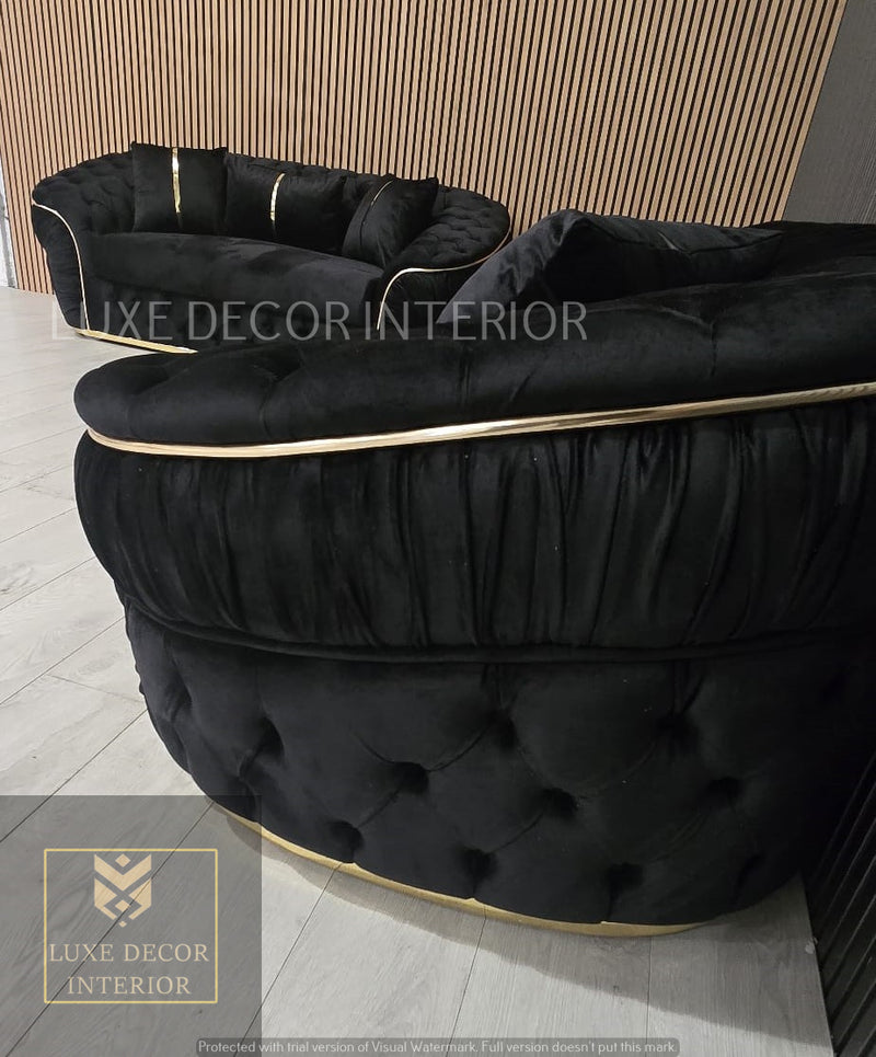 Ambassador 3+2+1 Seater In Black Velvet Gold Accent Plush Velvet