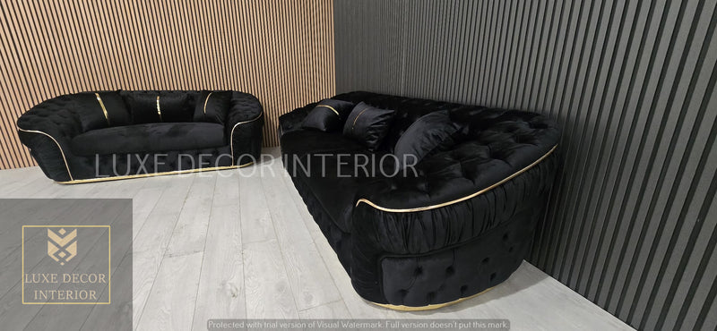 Ambassador 3+2+1 Seater In Black Velvet Gold Accent Plush Velvet