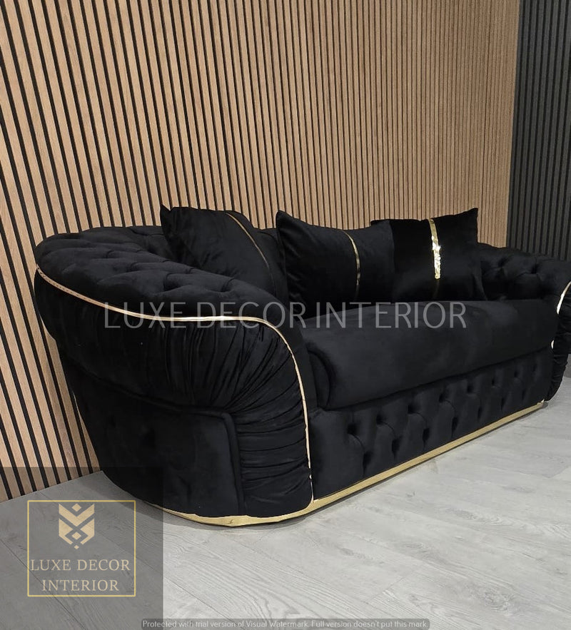 Ambassador 3+2+1 Seater In Black Velvet Gold Accent Plush Velvet