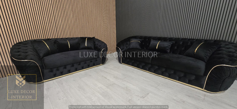 Ambassador 3+2+1 Seater In Black Velvet Gold Accent Plush Velvet