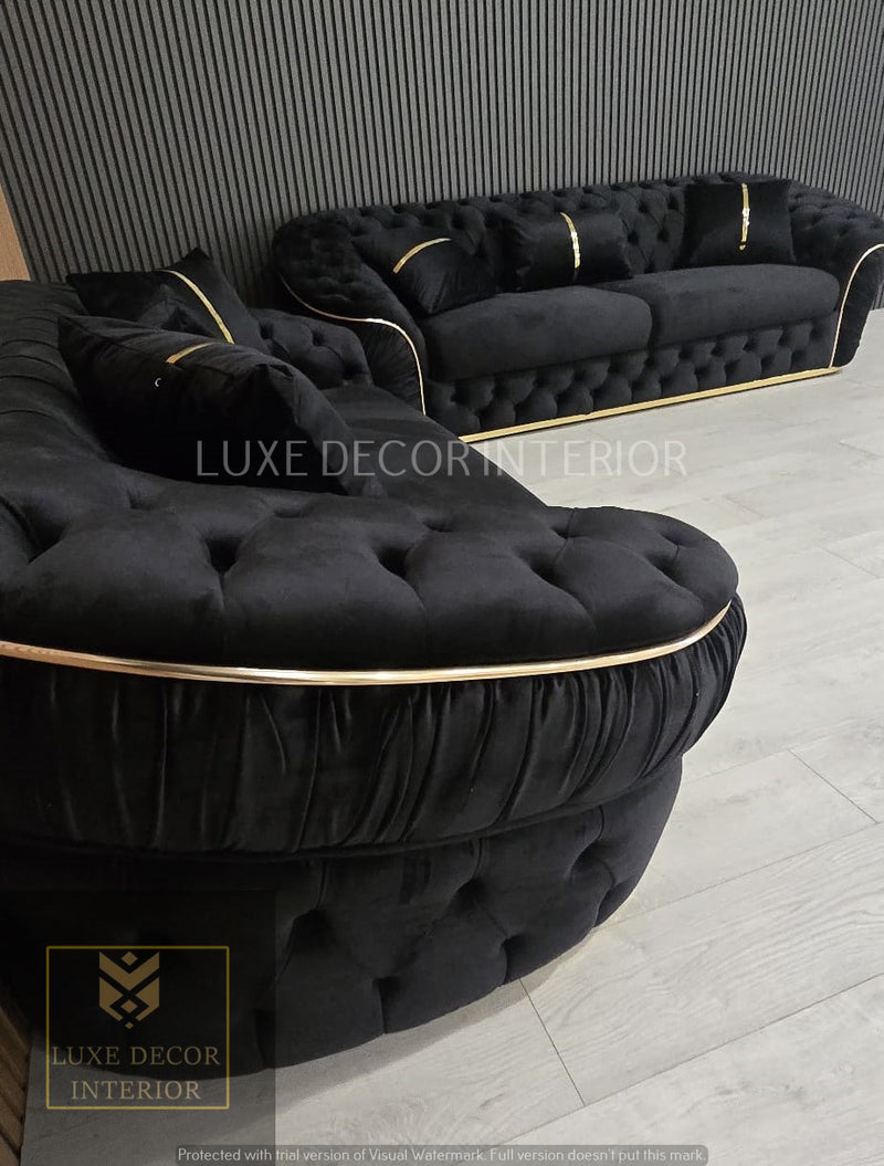 Ambassador 3+2+1 Seater In Black Velvet Gold Accent Plush Velvet