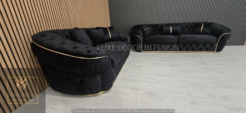 Ambassador 3+2+1 Seater In Black Velvet Gold Accent Plush Velvet