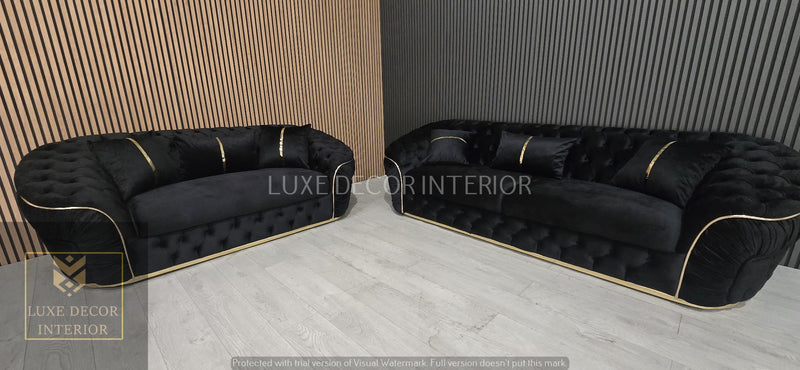 Ambassador 3+2+1 Seater In Black Velvet Gold Accent Plush Velvet