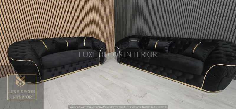 Ambassador 3+2+1 Seater In Black Velvet Gold Accent Plush Velvet