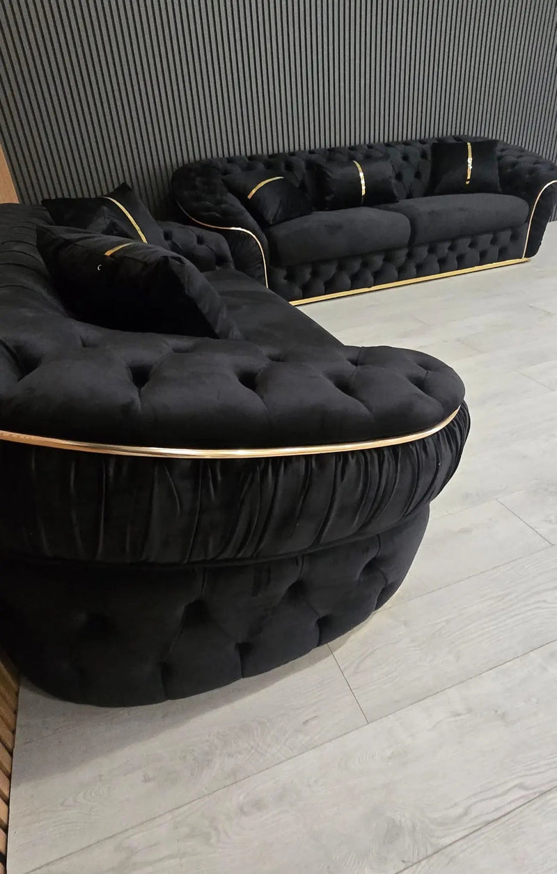 Ambassador 3+2 Seater Sofa – Black Velvet with Gold Detailing | Luxury Modern Sofa Set CELEBRITY INTERIORS