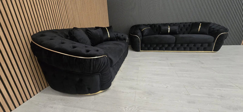 Ambassador 3+2 Seater Sofa – Black Velvet with Gold Detailing | Luxury Modern Sofa Set CELEBRITY INTERIORS
