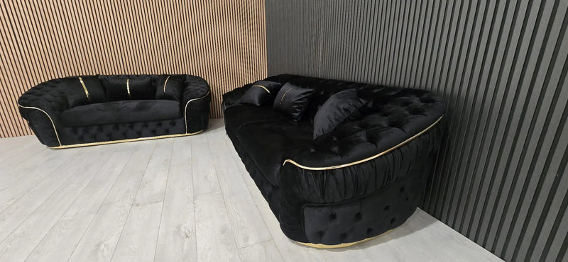 Ambassador 3+2 Seater Sofa – Black Velvet with Gold Detailing | Luxury Modern Sofa Set CELEBRITY INTERIORS