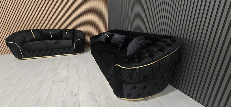 Ambassador 3+2 Seater Sofa – Black Velvet with Gold Detailing | Luxury Modern Sofa Set CELEBRITY INTERIORS