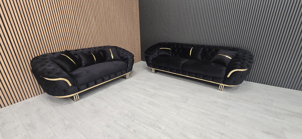 Kingston 3+2 set in black velvet with gold detailing & legs