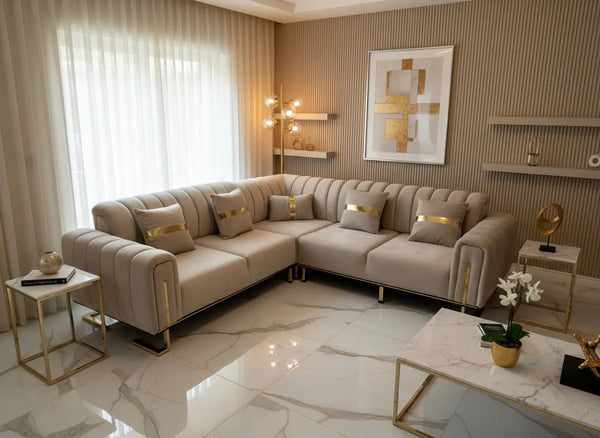 Genova Corner Sofa – Champagne Velvet with Gold Detailing | Luxury L-Shaped Sofa TURKISH