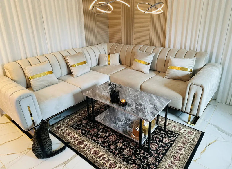 Genova Corner Sofa – Champagne Velvet with Gold Detailing | Luxury L-Shaped Sofa TURKISH