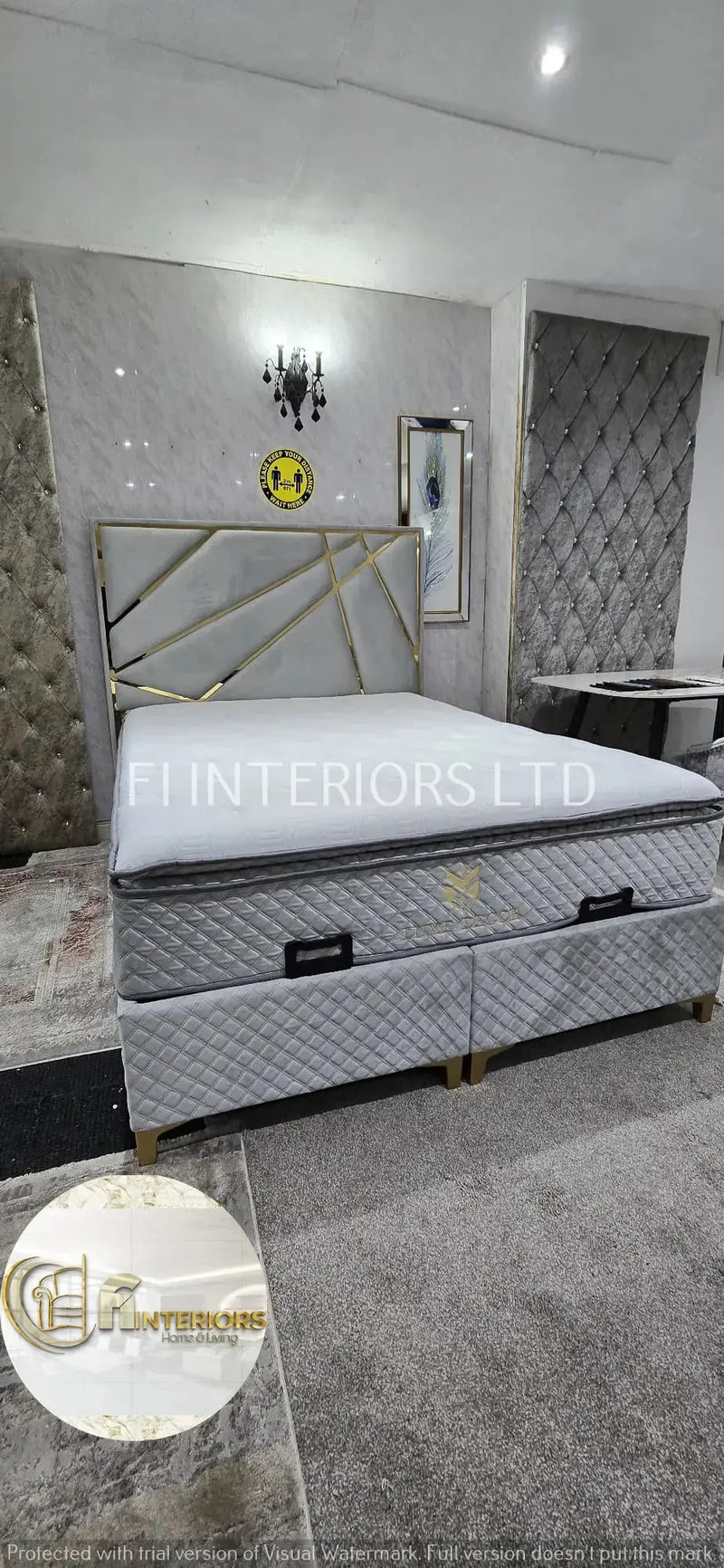 Helix Divan Bed & Mattress Set Kingsize Silver Velvet & Gold