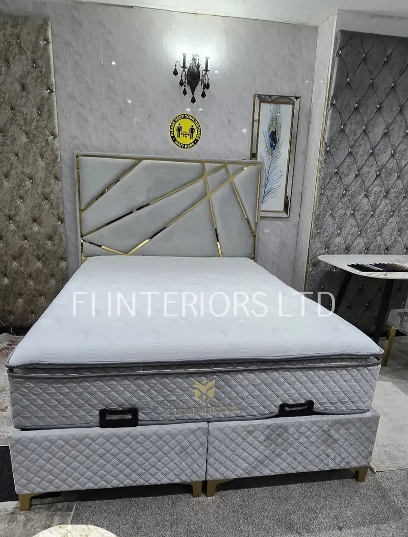 Helix Divan Bed & Mattress Set Kingsize Silver Velvet & Gold